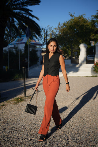 Mocha Sunset suit with cropped lined vest and straight trousers
