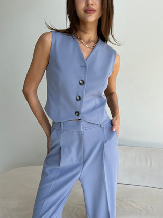 Sapphire Spritz suit with cropped lined vest and straight trousers