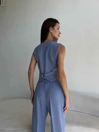 Sapphire Spritz suit with cropped lined vest and straight trousers