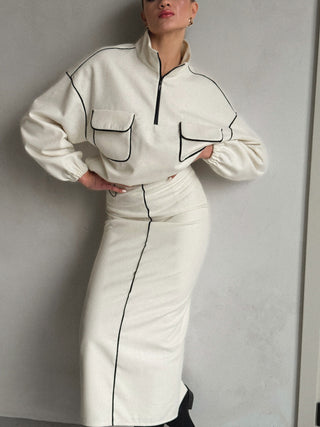 Ivory Elegance Woolen Midi Skirt Suit - MONOD