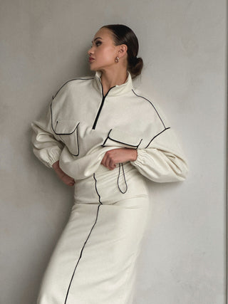 Ivory Elegance Woolen Midi Skirt Suit - MONOD