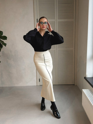 Ivory Elegance Woolen Midi Skirt Suit - MONOD