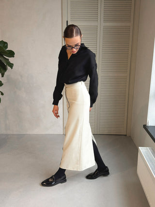 Ivory Elegance Woolen Midi Skirt Suit - MONOD