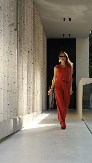 Mocha Sunset suit with cropped lined vest and straight trousers - MONOD