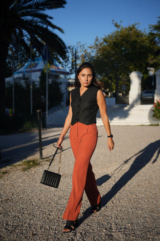 Mocha Sunset suit with cropped lined vest and straight trousers - MONOD