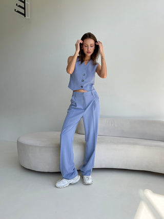 Sapphire Spritz suit with cropped lined vest and straight trousers - MONOD