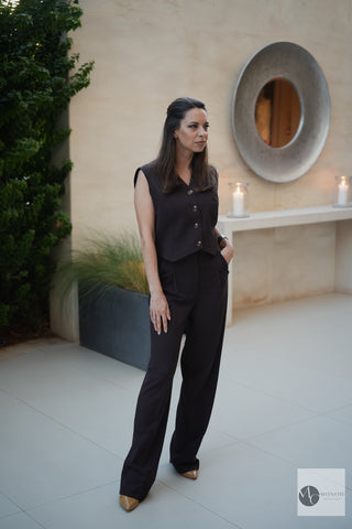 Velvet Truffle suit with cropped lined vest and straight trousers